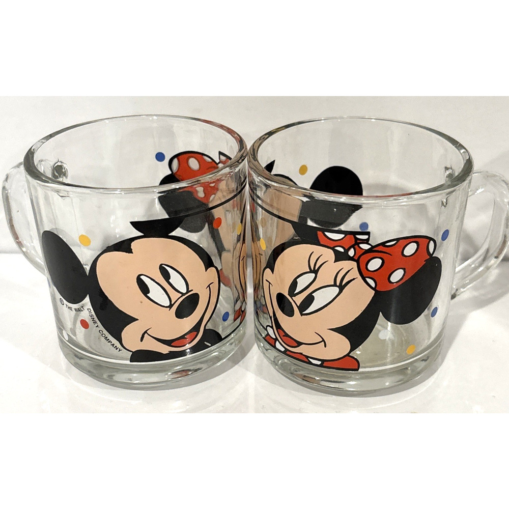 Vintage Anchor Hocking Disney Mickey Minnie Mouse Glass Coffee Mugs NEW